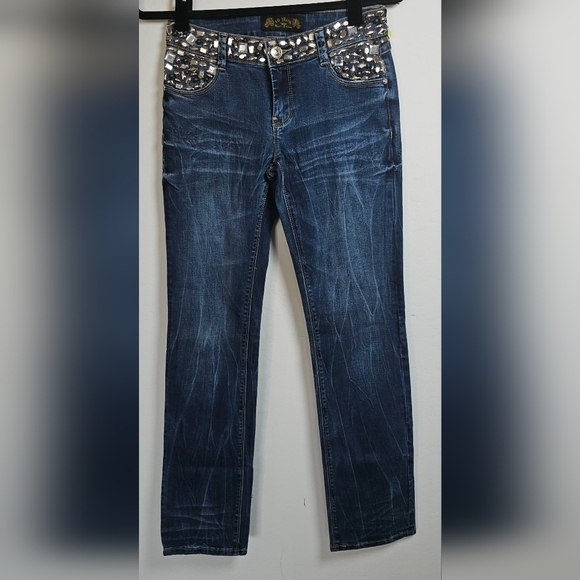 Virgin Only Dark Wash Distressed Low Rise Bejeweled Jeans size 28 - Picture 1 of 13